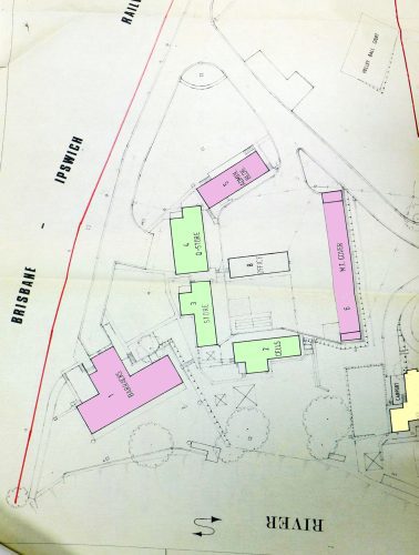 1980s site plan. It shows the cell blocks, Q-store, Motor Transport Cover and the Barracks.