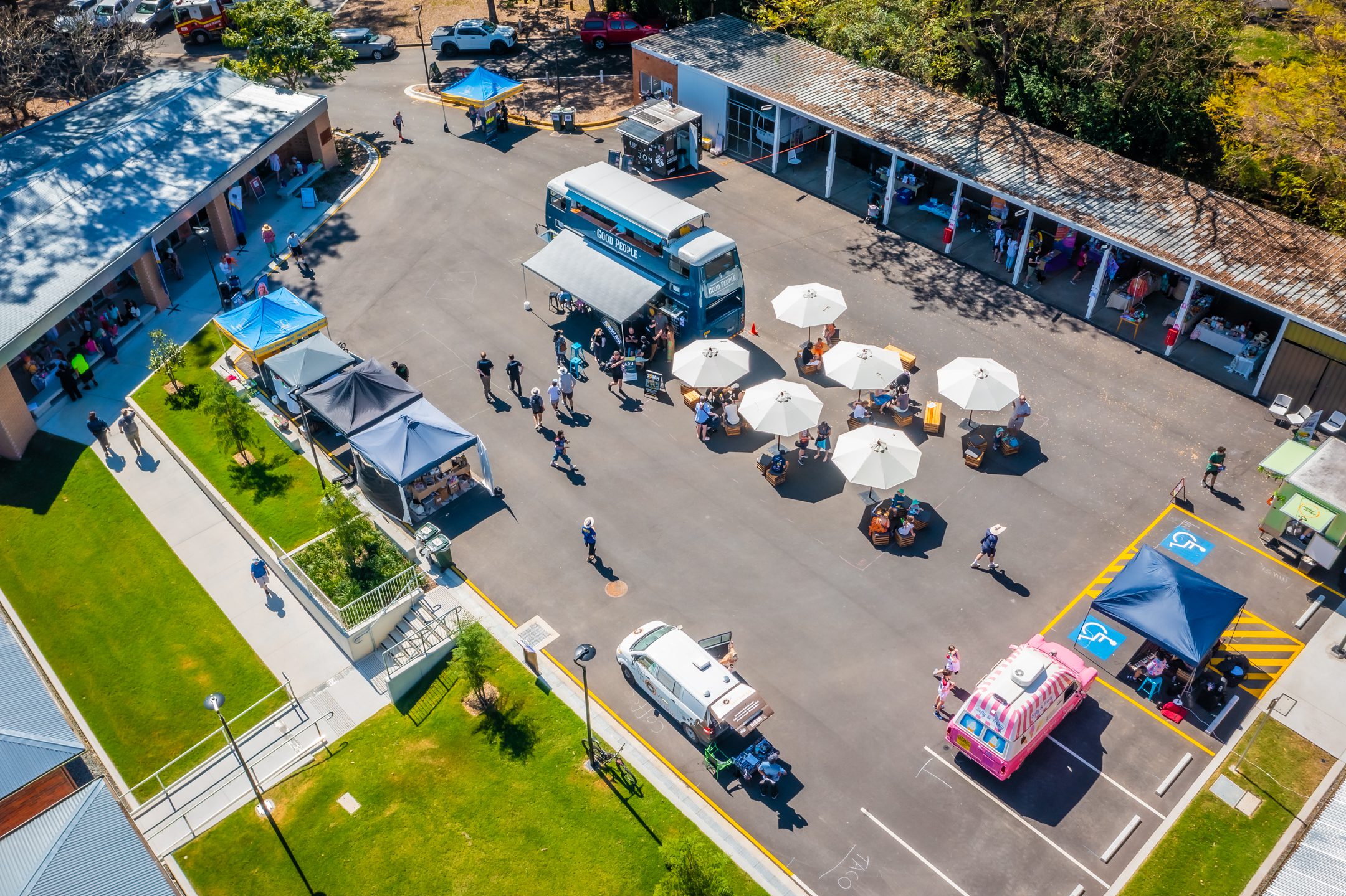 Aerial view of Witton Barracks Open Day showing courtyard with bus and market stalls